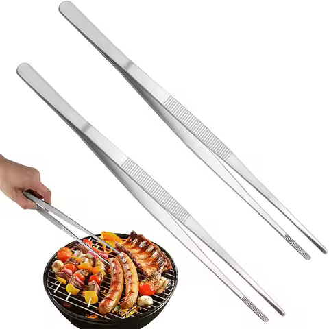 Stainless Steel Toothed Tweezer Long Barbecue Food Tong Straight Tweezer Home Medical Garden Kitchen
