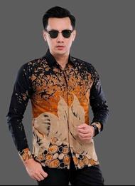 BAJU ATASAN PAKAIAN KEMEJA HEM BATIK PRIA HANDARA TERACCOTTA HITAM FULL LAPIS PURING BAHAN PREMIUM S