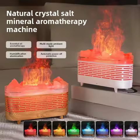 New Himalayan Natural Crystal Rock Salt Stone Ambient Light Bedroom Humidifier Seven-color Flame Ess