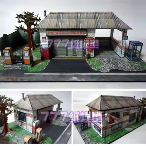 1:43/64/72/76/87 Scale Handmade Paper Old Gas Station Model Assemble Simulation Car Garage Building