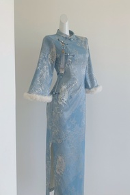 Blue Retro Long Sleeve Warm Fleece Lining Young Style Cheongsam Traditional Chinese Dress Daily Low 