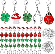 50 Pieces Lucky Charm Pendant Set with Clover, Ladybird, Horseshoe, Mushroom for DIY Jewellery, Key 