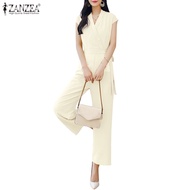 ZANZEA Women Korean V-Neck Short Sleeve Waist Strap Wide-Leg Jumpsuit