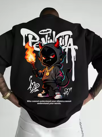 Streetwear Style Cartoon Devil Graffiti Print on Premium 100% Cotton Mens T Shirt Perfect for Summer