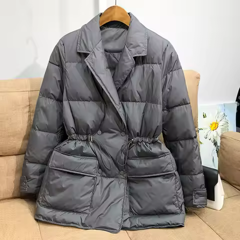 Lagabogy New Winter Women White Duck Down Coat Female Notched Collar Double Breasted Coats Casual La
