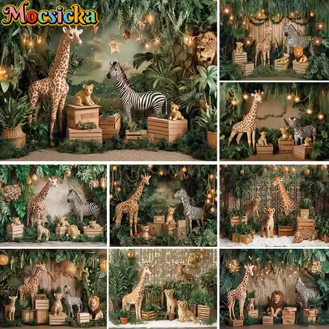 Mocsicka Safari Baby Show Background Photography Giraffe Lion Tropical Forest Green Backdrop Kid 1st