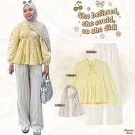 3 in 1 Women's Outfit (Yellow Pleated Blouse + Stripe Outfit + Pashmina) One set Hijab - Neora