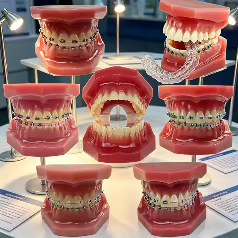 Dental Orthodontic Teeth Model Metal Ceramic Brackets Ligature Ties Ortho Treatment Typodont Dentist