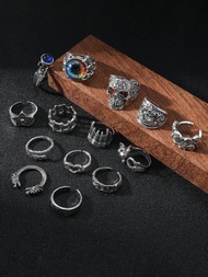 14入组/套幾何頭骨設計復古風格男士戒指帶水鑽和貓眼睛石頭鑲嵌