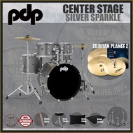 PDP Center Stage 5pc Acoustic Drum Set w/Hardware & Cymbals (Free PDP Drum Pillow) - Silver Sparkle