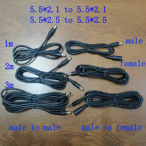 1PC 5.5X2.1/2.5 5.5*2.1/2.5 Male To Male Male To Female DC Plug With 20WAG Copper Wire 1M2M3M Long 5