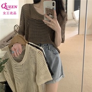 短款 針織衫 女 上衣女韓版 ins 潮 夏季2025年新款温柔风薄款短袖打底镂空罩衫外搭短款针织衫女上衣 Summer 2025 New Style Gentle Style Thin Short-