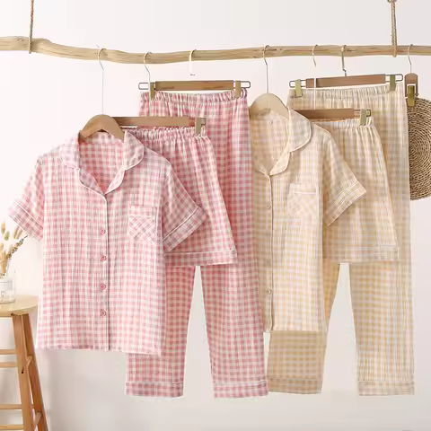3pcs Couple Pajama Set Japanese Minimalist Plaid Style 100% Cotton Gauze Short Sleeve Lightweight Br