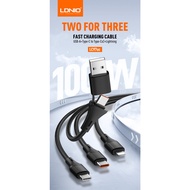 LDNIO LC97uc 100W 3 IN 1 USB-A/Type-C to Type-C x 2 Cable PD QC 3.0 Fast Charging Data Transmission 
