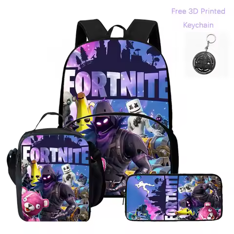 Lightweight FORTNITE 3Pcs Backpack With Front Pocket Lunch Bag Pencil Bag Free 3D Printed Keychain F