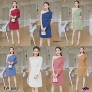 TwinsShopVip TW18085 Off-Shoulder Dress Single Arm Pleated Shoulder ..