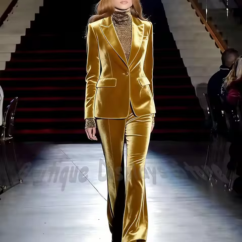 High Quality Velvet Suit For Women Elegant Two Pieces Set Classic Design Peak Lapel Slim Fashion Sho