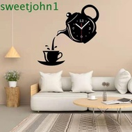 SWEETJOHN Acrylic Mirror Wall Clock, Teapot Design Silent Teapot Wall Clock Sticker, Creative 3D Easy to Read DIY 3D Decorative Clock Office