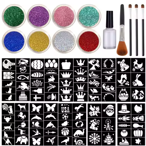 EYIR 8-Color Glitter Tattoo Set, Includes 92 Tattoo Stencils, 1 Glue & 4 Brushes, DIY Temporary Glit