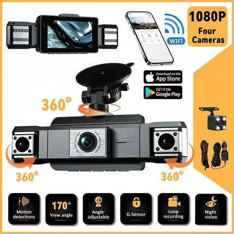 Car Dash Cam 4 Channel HD 1080P Black Box DVR Night Vision 24H 360° Parking Monitor with WiFi Dash C