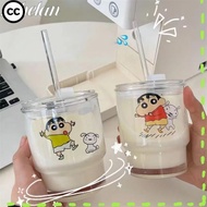 CC Straw Glass Water Cup, Crayon Shin-chan 450ML Coffee Cup, Portable Puppy with Lid Glass Juice Mil