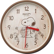 RHYTHM SNOOPY character analog wall clock with continuous second hand, Snoopy M06 8MGA40-M06 in brown (wood grain) design.