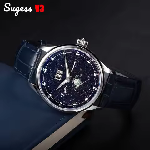 Sugess Moonphase Watch of Men 40mm Automatic Mechanical Wristwatches Seagul ST2528 Movement Stainles