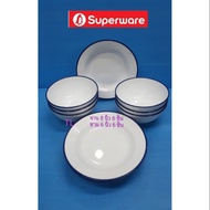 Superware 8" Plate + 6" Bowl = 12 Pieces Blue Rim White Base Edge 1 590​.-1
