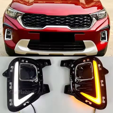 2PCS Auto lighting For Kia Sonet 2020 2021 Car Daytime Running Light Fog light Lamp LED DRL With yel