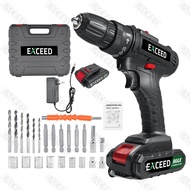 EXCEED Bor Tanpa Kabel Dampak Bor Baterai Bor dampak Mesin Bor Cordless Bor Listrik Beton Besi Kayu Lengkap Mata Bor 2 Baterai Cordless Drill Full Set Of Drill Bits