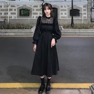 QWEEK  Autumn Gothic Black Lace Dress Women Casual Elegant Party Midi Ruffle Long Sleeve Dress Emo Y