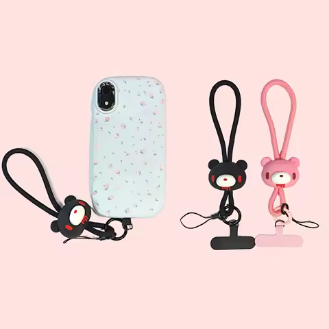 Gloomy Bear phone straps—Black/pink rubber straps with cute Gloomy Bear charms. Add a sweet - edgy f