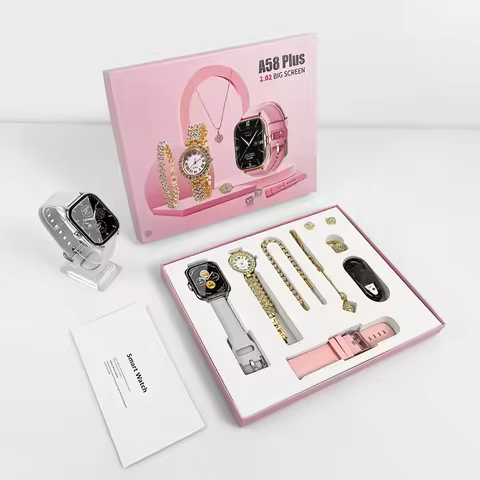 New A58 Women Smart Watch Gift + Diamond Quartz Watch + Necklace + Earrings + Ring + Bracelet Blueto