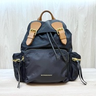 Burberry黑拚棕皮革金釦The Rucksack中號尼龍後背包