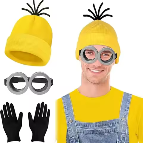 2025 Anime Despicable Me Minions Cosplay Costume Yellow Beanie Stretchy Gloves Steampunk Goggles Hal