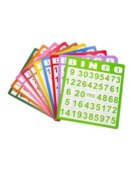 100入組,卡片尺寸為5"寬x 5.3"高,印有粗體數字,易於閱讀的賓果遊戲卡牌套裝,混合顏色,每種顏色10張：紅色、藍色、黃色、紫色、綠色、棕色、橙色、粉色、深綠色、玫瑰色,兒童派對紙牌遊戲、學校教室家庭聚會活動、旅行遊戲,如果使用油墨記號筆在牌面標記,每張牌只可使用一次,嗜好賓果遊戲的玩家一定會喜愛這些賓果卡牌。