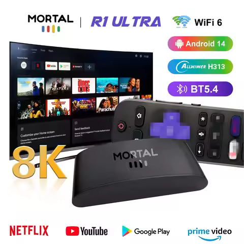2025 Mortal Smart TV Box R1 Ultra Android 14.0 Allwinner H313 4K Support Wifi 6 16G BT5.4 Voice Remo