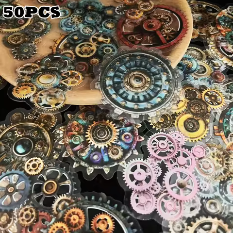 50pcs Time Gear Stickers Steampunk Metal Decoration Laptop Scrapbook Handbook Journal DIY Skateboard