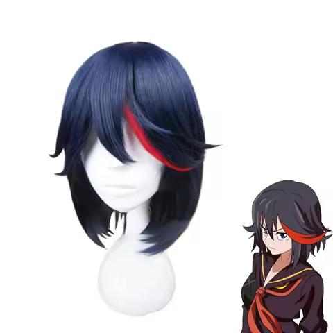Matoi Ryuko Cosplay Wig for Women Short Blue With Red Anime KILL la KILL Heat Resistant Hair + Wig C