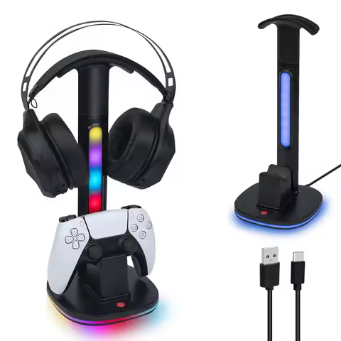 RGB Gaming Headset & Controller Charging Stand LED Display Stand for PS5/PS5 Elite Controller Black