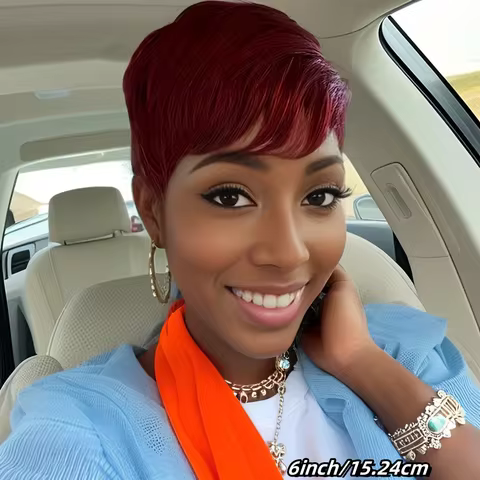 99J Burgundy Short Pixie Cut Wig Human Hair for Women Straight Wig Machine Made with Bangs Natural H