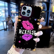 Casing iPhone 16 15 14 13 12 11 Pro Max X XS XR 6 7 8 Plus Luxury Fashion Kiss Lips Pattern Square S