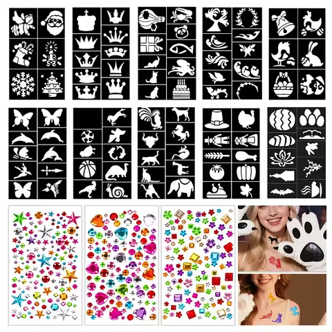 92pcs Glitter Tattoo Stencils 3pcs Rhinestone Stickers Reusable Stencil Templates DIY Face Body Art 