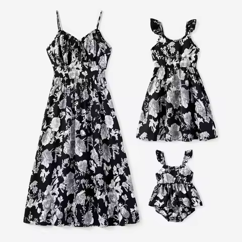 PatPat Mommy and Me Black Floral Tie Neck Ruched Bust Sateen Slip Dress