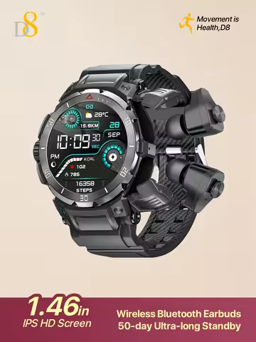 D8 Smart Watch with Earbuds for Men Women, 1.46" HD Touch Screen, 9D Sound Effects, 110+ Fitness & S