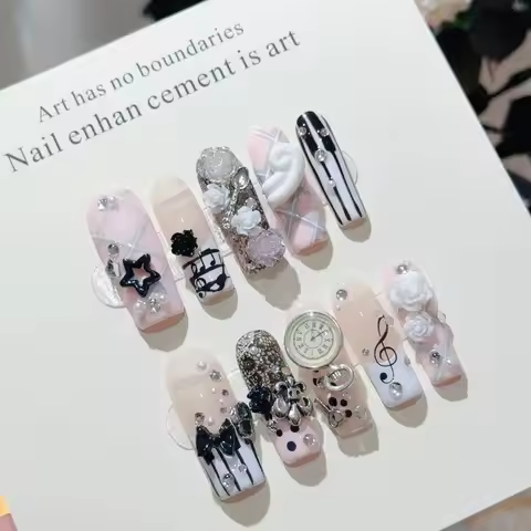 Musical Notes Retro Vintage Gyaru French Handmade Press On Nails 3D Rose Bow Pearl Pink Fake Nails Y