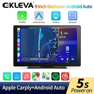 EKLEVA 9 Inch Wireless Carplay &amp; Android Auto Dash Cam 4K Rearview Camera 24h Park Monitor GPS Navigation Dashboard Car DVR