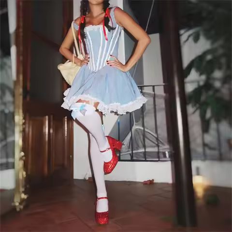 Womens Halloween Dorothy Dress Up Costume Sleeveless Lace Plaid Mini Dress Wizard of Halloween Party