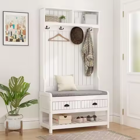 Modern Hall Tree with Storage Bench, 4-in-1 Entryway Bench with Coat Rack, Tall Hall Tree with 4 Met