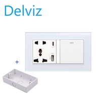 Delviz 1 Gang 2Way lamp Switch Socket Type-C interface socket 146mm*86mm toughened glass frame socke